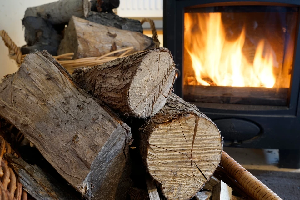 Intérieur chaleureux avec cheminée en fonctionnement, flammes orangées visibles à travers la vitre