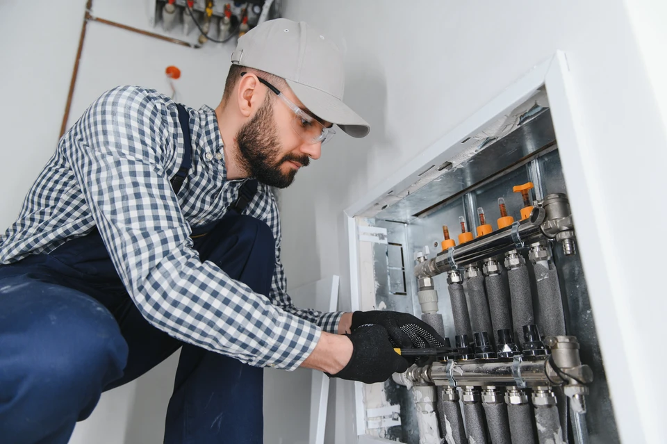 Technicien en chauffage travaillant sur une installation de chauffage central dans un local technique