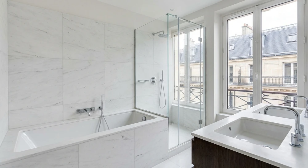 Réalisation de plomberie sanitaire : vue d'une salle de bain moderne avec baignoire ou douche à l'italienne, robinetterie contemporaine en chrome, carrelage de qualité, mise en évidence des installations de plomberie bien intégrées et finitions soignées, photographiée sous un angle professionnel montrant l'harmonie de l'ensemble. Aucune personne ne doit être présente.