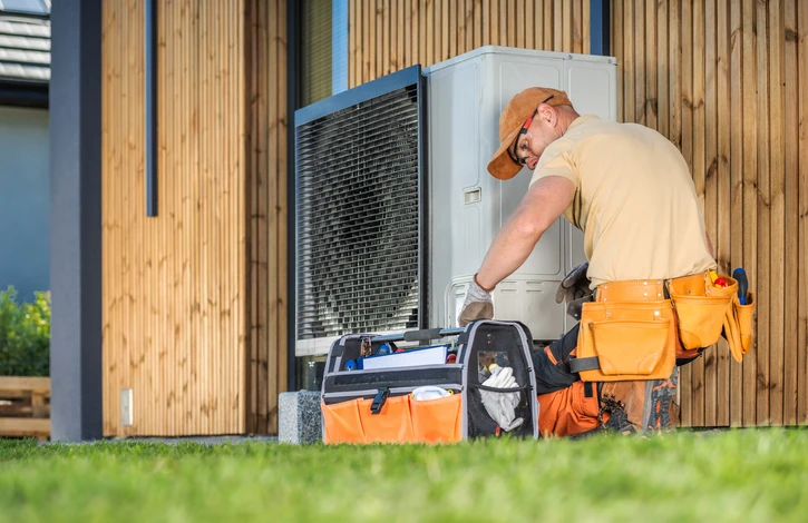 Technicien en plomberie intervenant sur installation de chauffage domestique dans local technique résidentiel