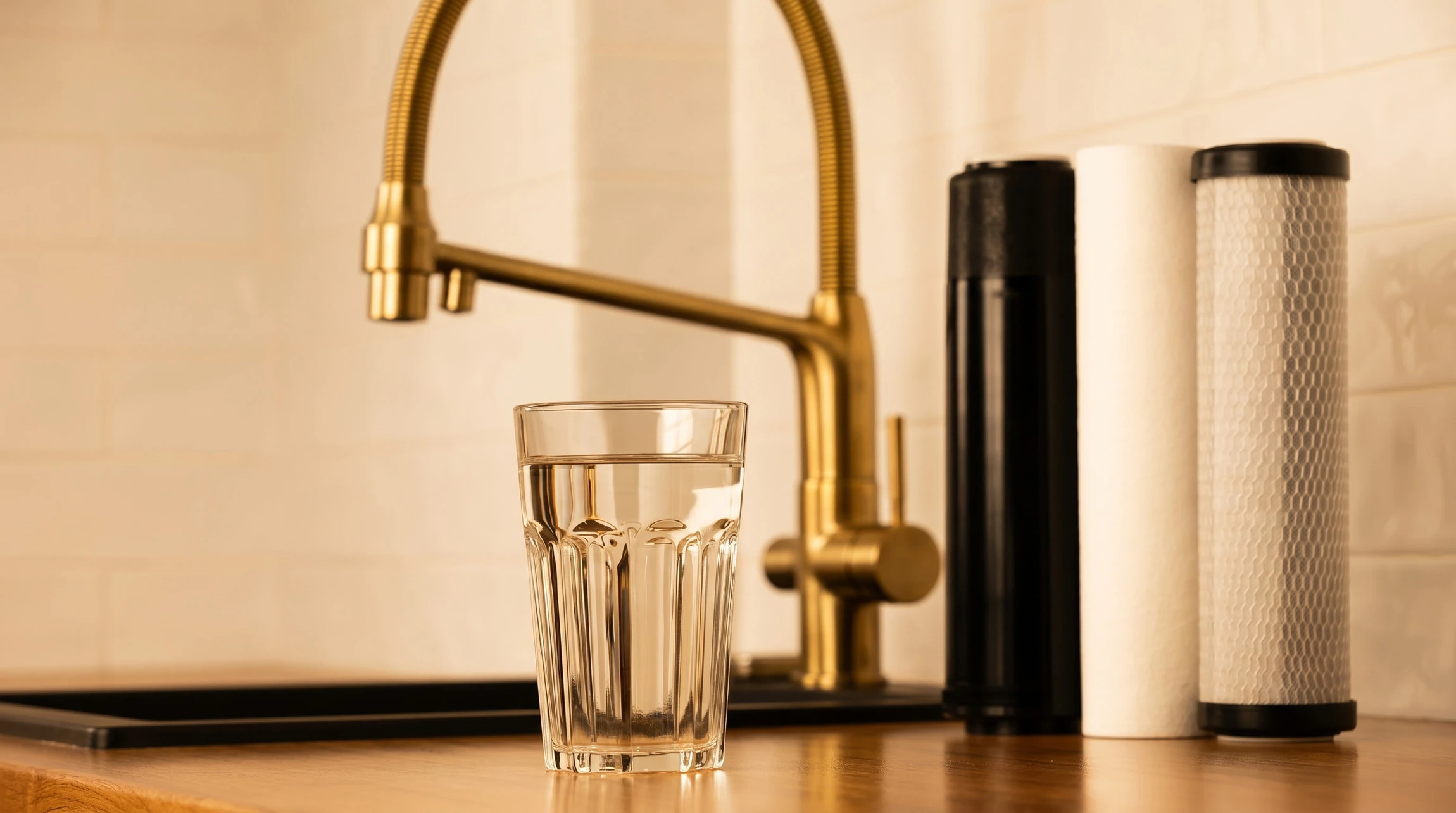 Photographie professionnelle en intérieur résidentiel moderne montrant un adoucisseur d'eau installé élégamment dans un local technique ou sous un évier. L'appareil doit être visible, chromé ou blanc, avec ses connexions de plomberie bien intégrées. L'environnement doit être propre, lumineux et rassurant, suggérant la qualité et la fiabilité. Aucun texte ou logo visible.